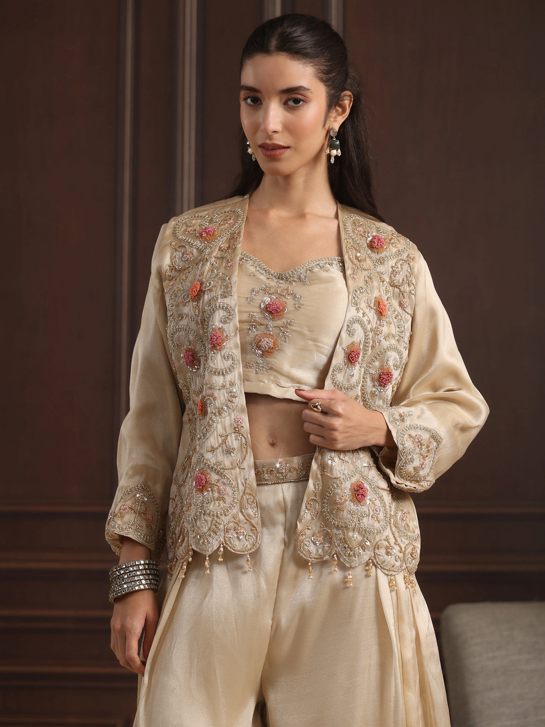 Libas Art Beige Embellished Jacket and Palazzo Tissue Co-Ord Set