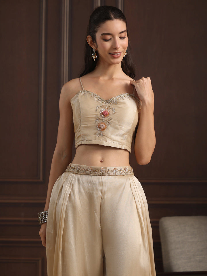 Libas Art Beige Embellished Jacket and Palazzo Tissue Co-Ord Set