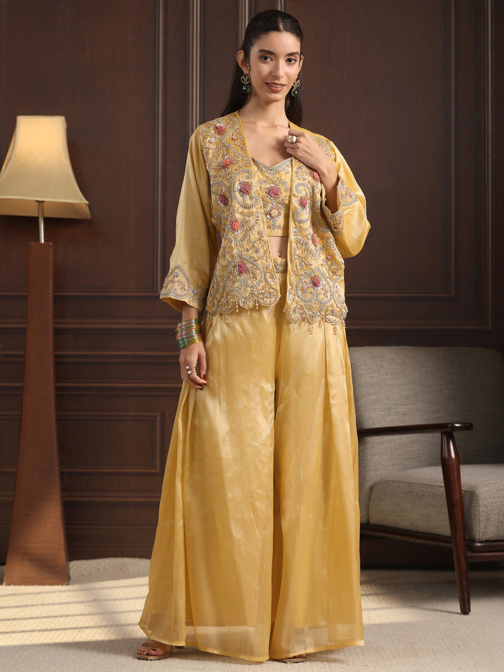 Libas Art Yellow Embellished Jacket and Palazzo Tissue Co-Ord Set