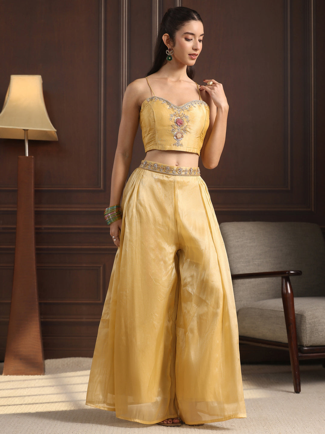 Libas Art Yellow Embellished Jacket and Palazzo Tissue Co-Ord Set