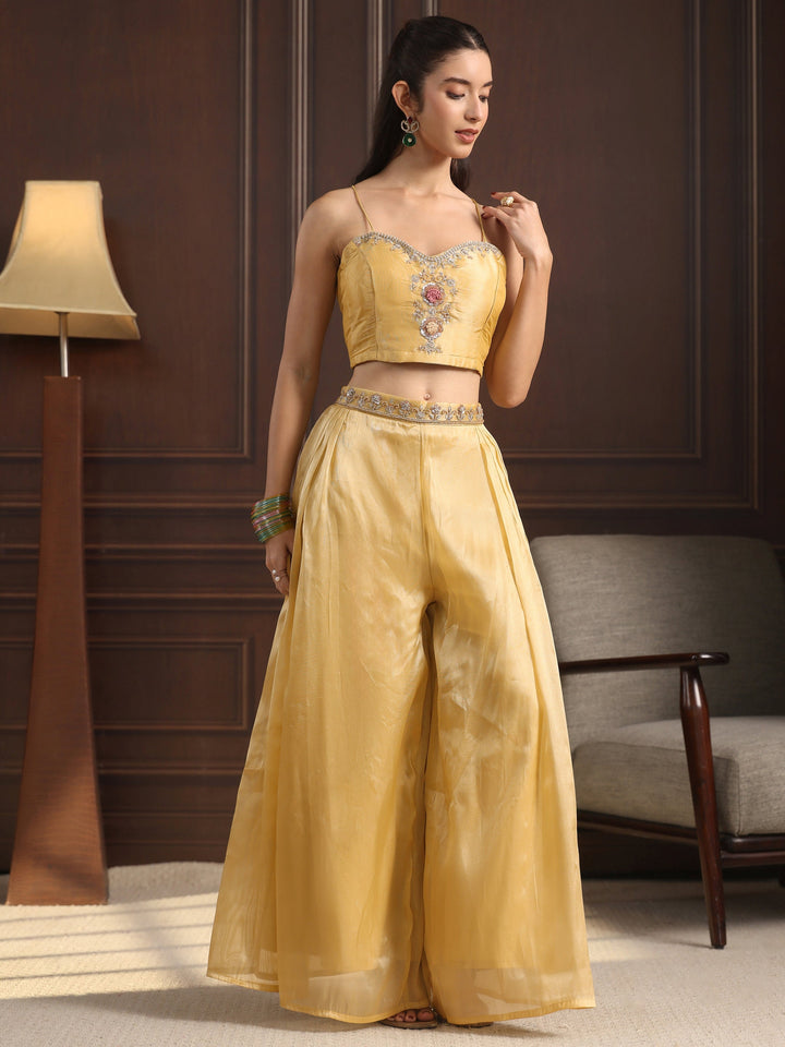 Libas Art Yellow Embellished Jacket and Palazzo Tissue Co-Ord Set