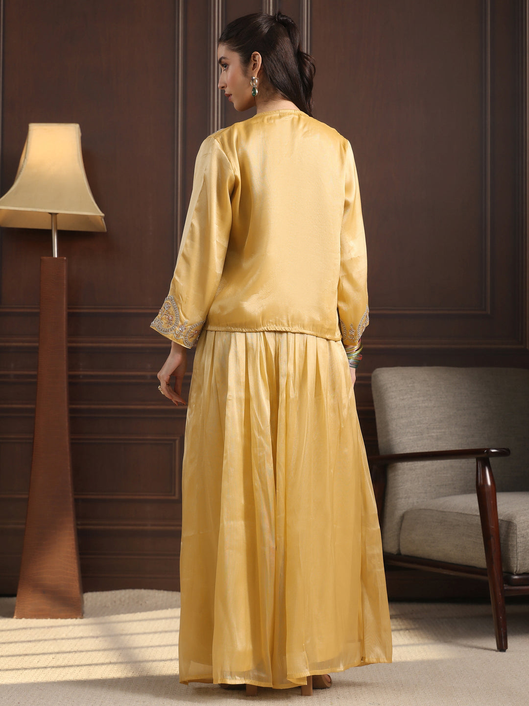 Libas Art Yellow Embellished Jacket and Palazzo Tissue Co-Ord Set