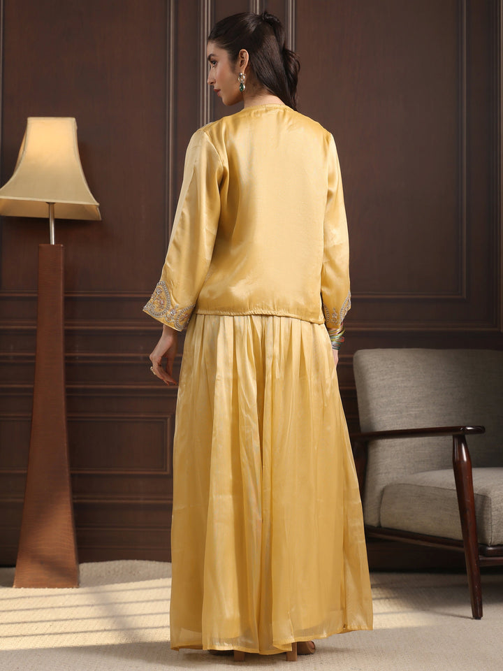 Libas Art Yellow Embellished Jacket and Palazzo Tissue Co-Ord Set