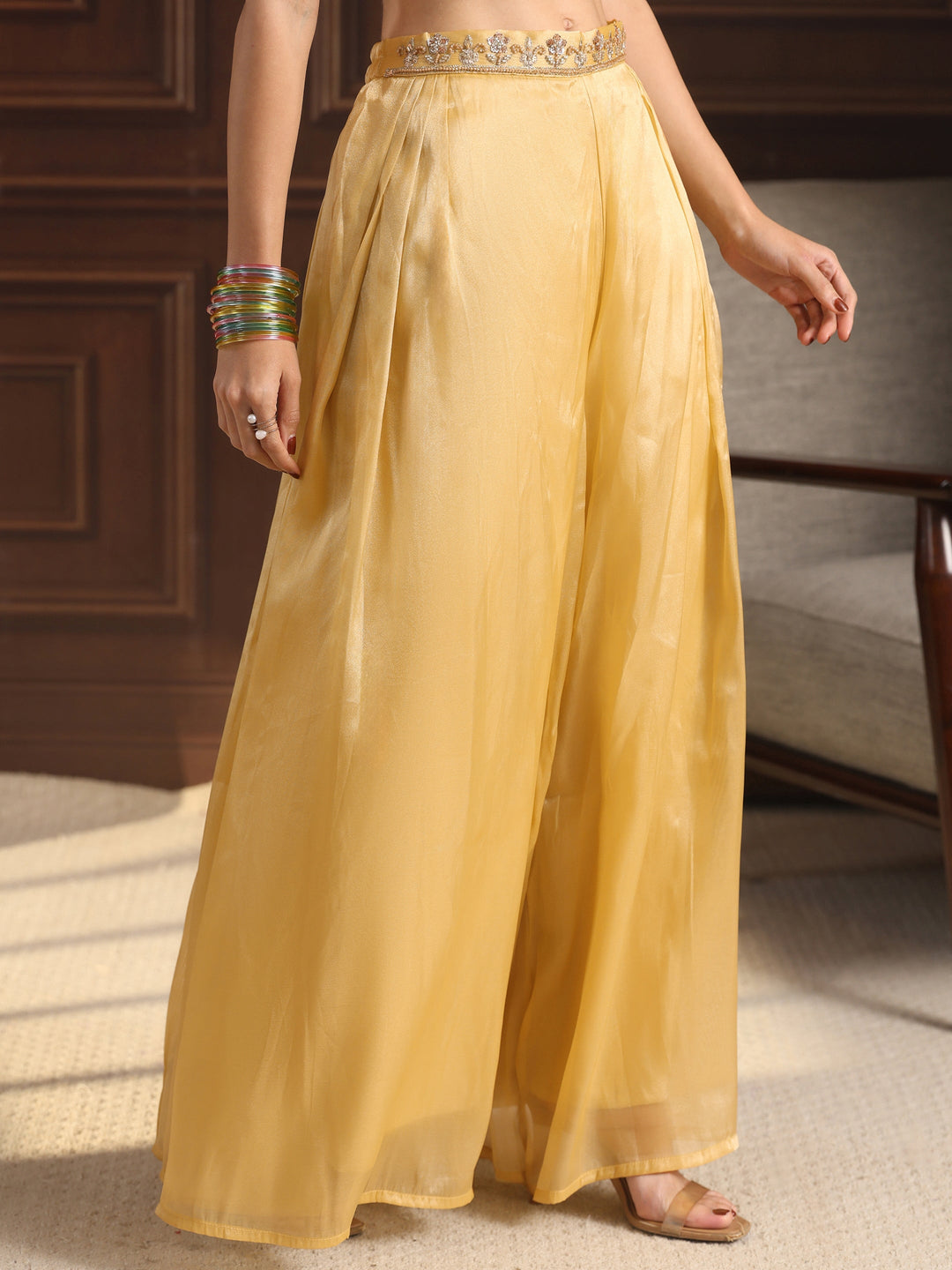 Libas Art Yellow Embellished Jacket and Palazzo Tissue Co-Ord Set