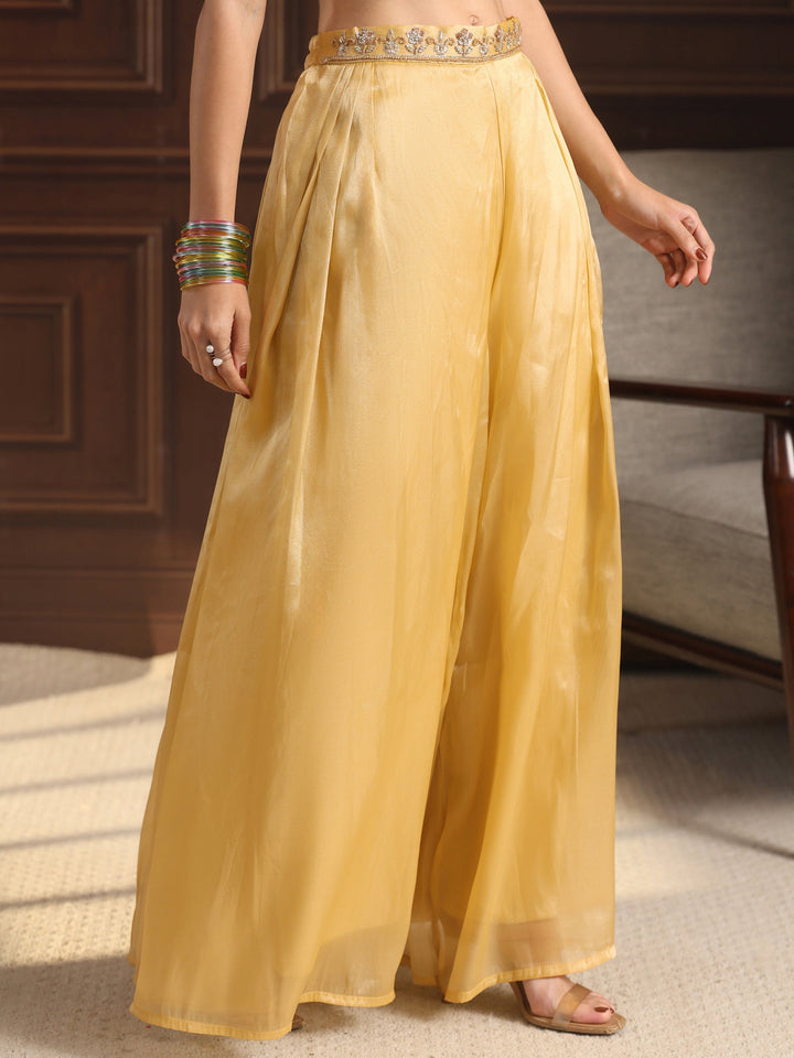 Libas Art Yellow Embellished Jacket and Palazzo Tissue Co-Ord Set
