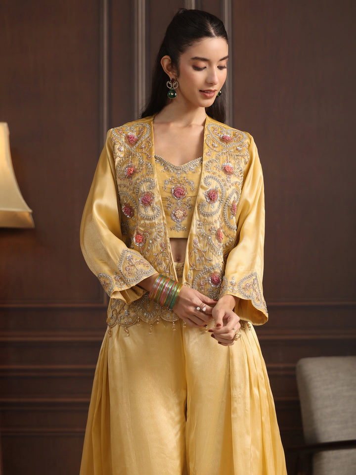 Libas Art Yellow Embellished Jacket and Palazzo Tissue Co-Ord Set