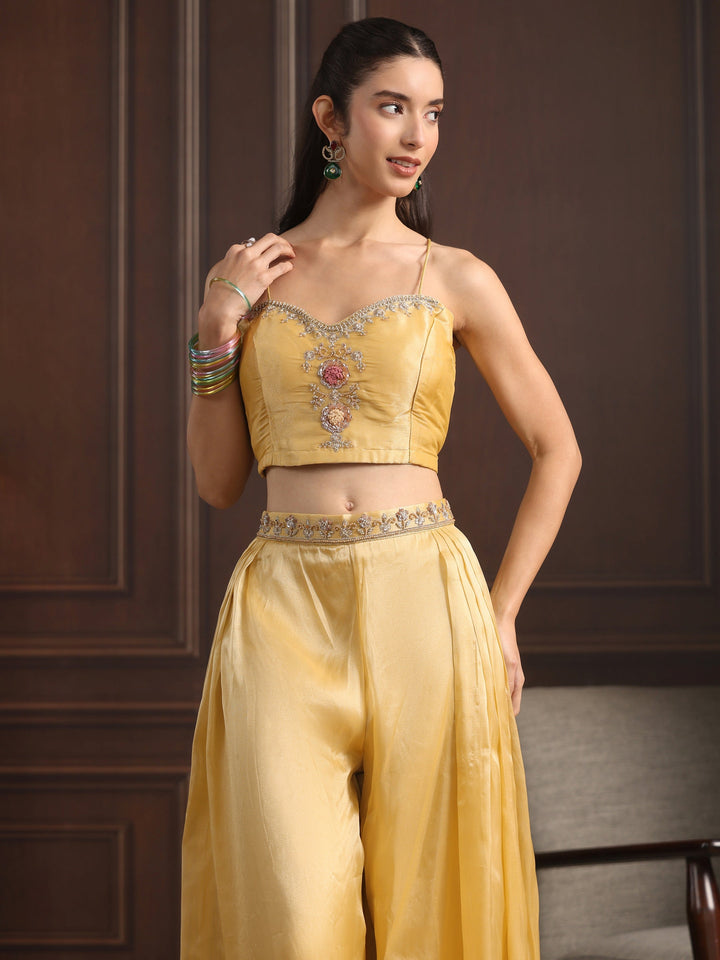 Libas Art Yellow Embellished Jacket and Palazzo Tissue Co-Ord Set