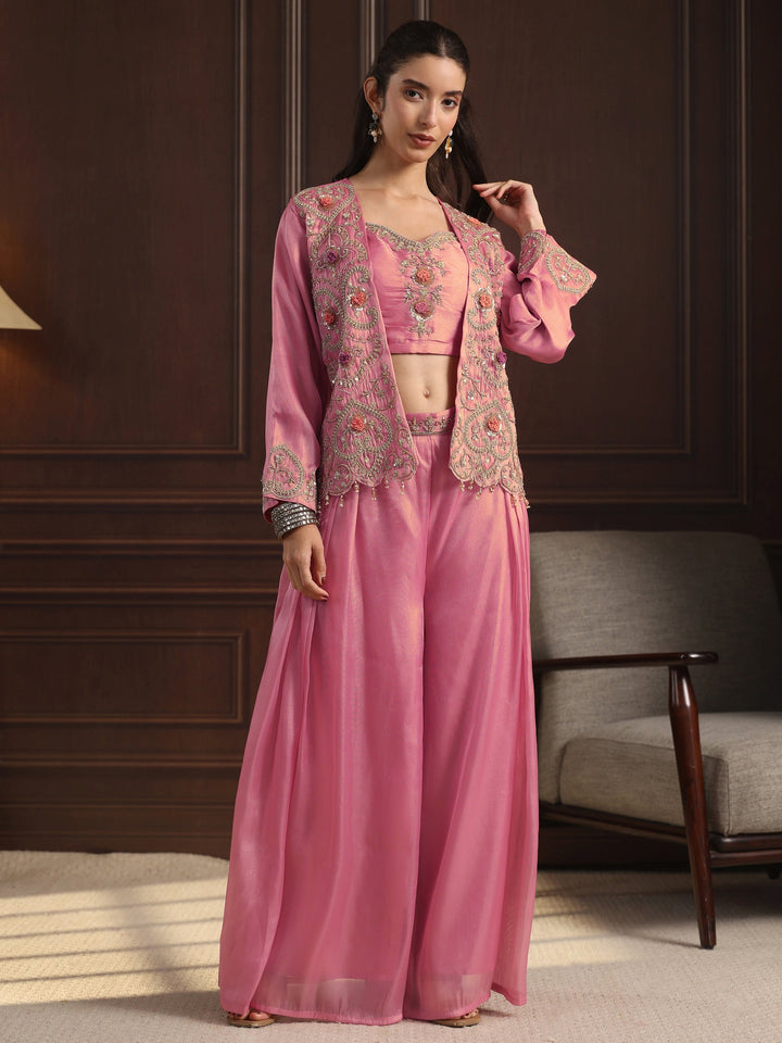 Libas Art Pink Embellished Jacket and Palazzo Tissue Co-Ord Set