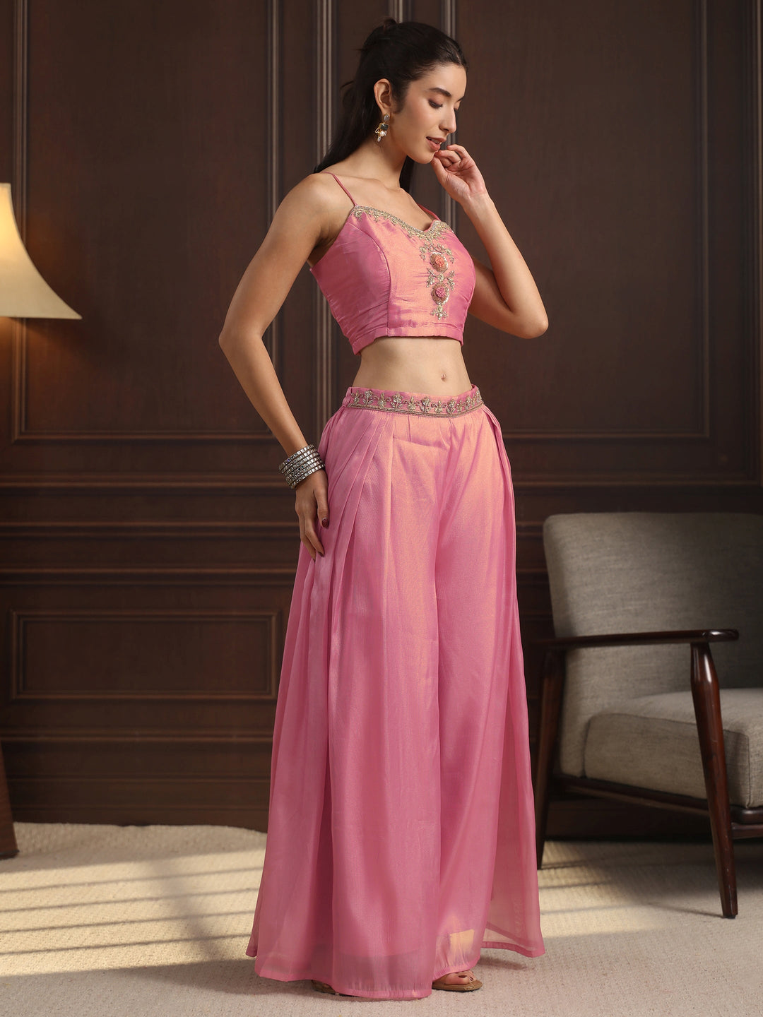 Libas Art Pink Embellished Jacket and Palazzo Tissue Co-Ord Set