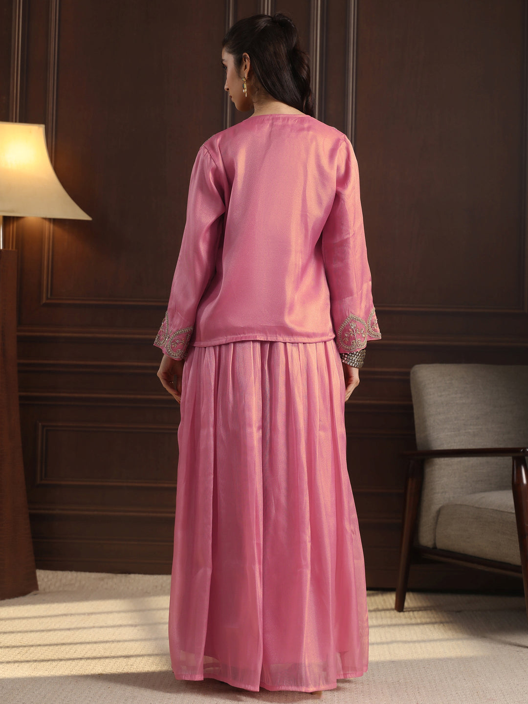 Libas Art Pink Embellished Jacket and Palazzo Tissue Co-Ord Set