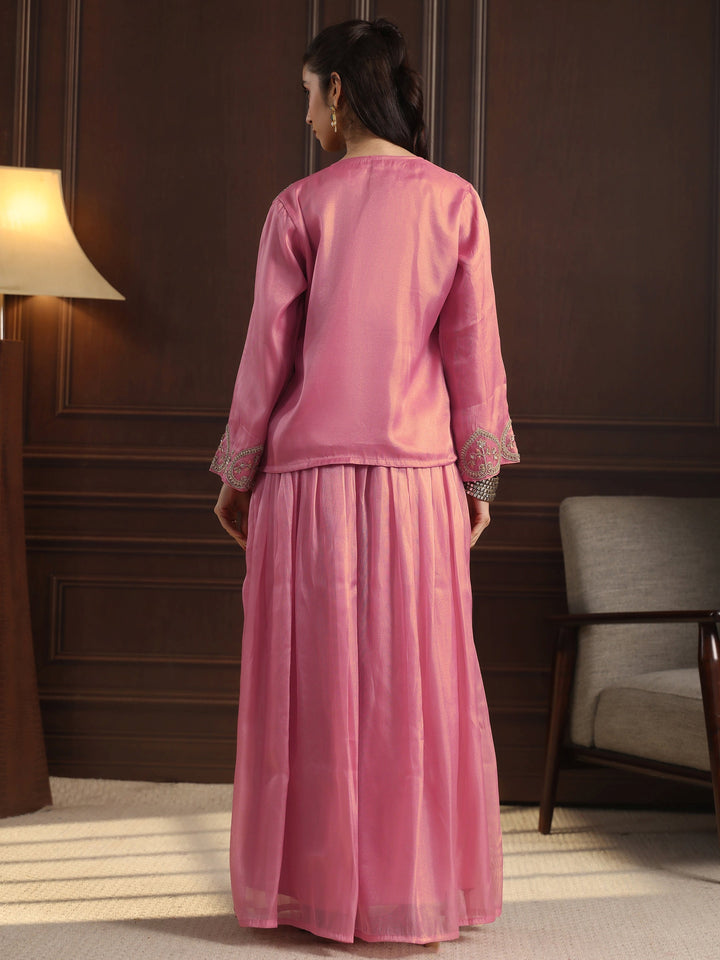 Libas Art Pink Embellished Jacket and Palazzo Tissue Co-Ord Set