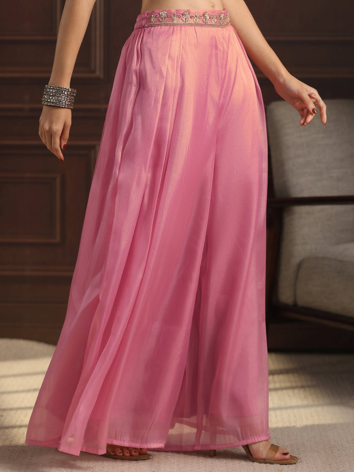 Libas Art Pink Embellished Jacket and Palazzo Tissue Co-Ord Set