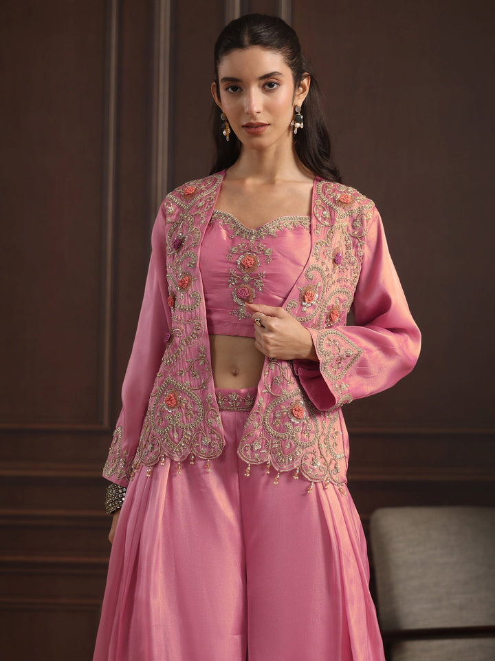 Libas Art Pink Embellished Jacket and Palazzo Tissue Co-Ord Set