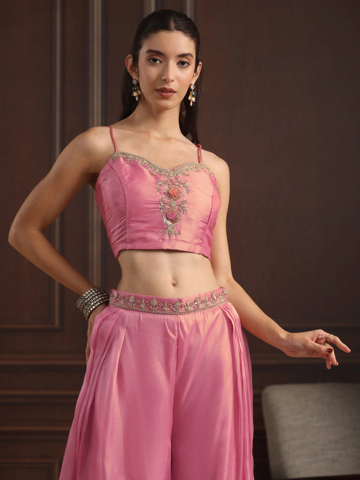 Libas Art Pink Embellished Jacket and Palazzo Tissue Co-Ord Set