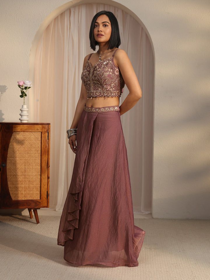 Libas Art Mauve Embellished Cape and Draped Skirt Tissue Co-Ord Set