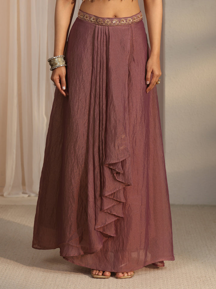 Libas Art Mauve Embellished Cape and Draped Skirt Tissue Co-Ord Set
