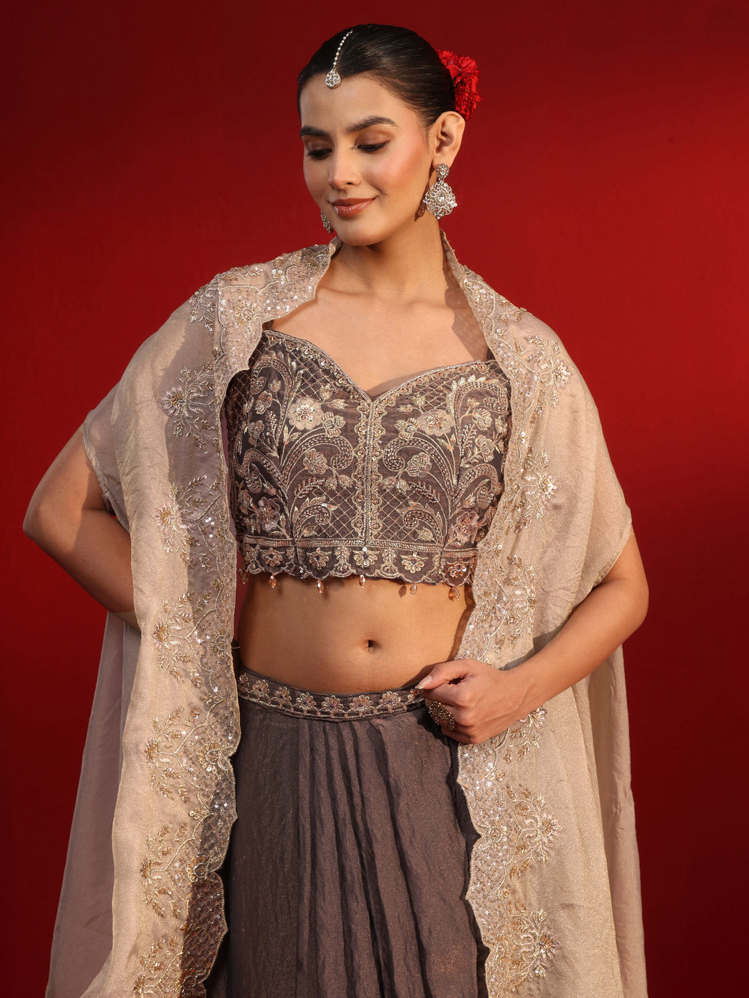 Libas Art Purple Floral Embellished Tissue Cape and Draped Skirt Co-Ord Set