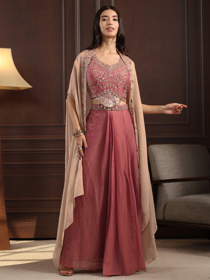 Libas Art Pink Embellished Cape and Draped Skirt Tissue Co-Ord Set