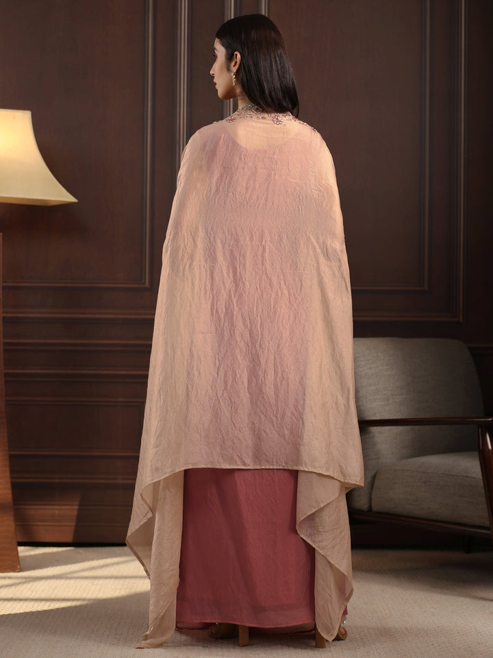 Libas Art Pink Embellished Cape and Draped Skirt Tissue Co-Ord Set