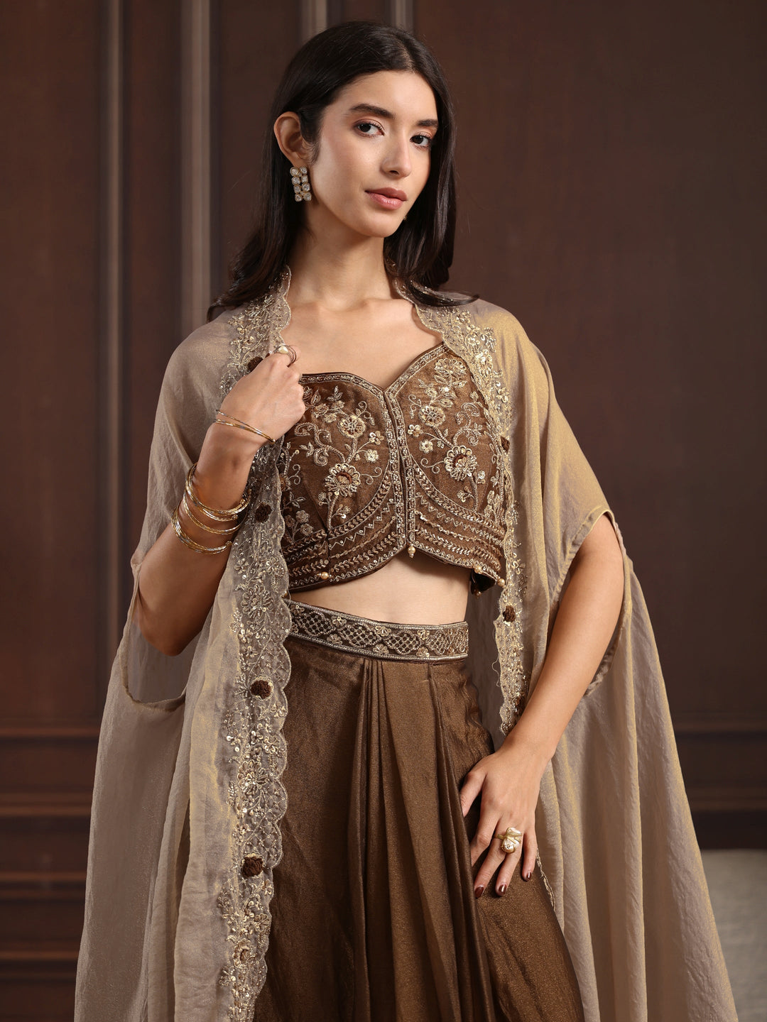 Libas Art Olive Green Embellished Cape and Draped Skirt Tissue Co-Ord Set