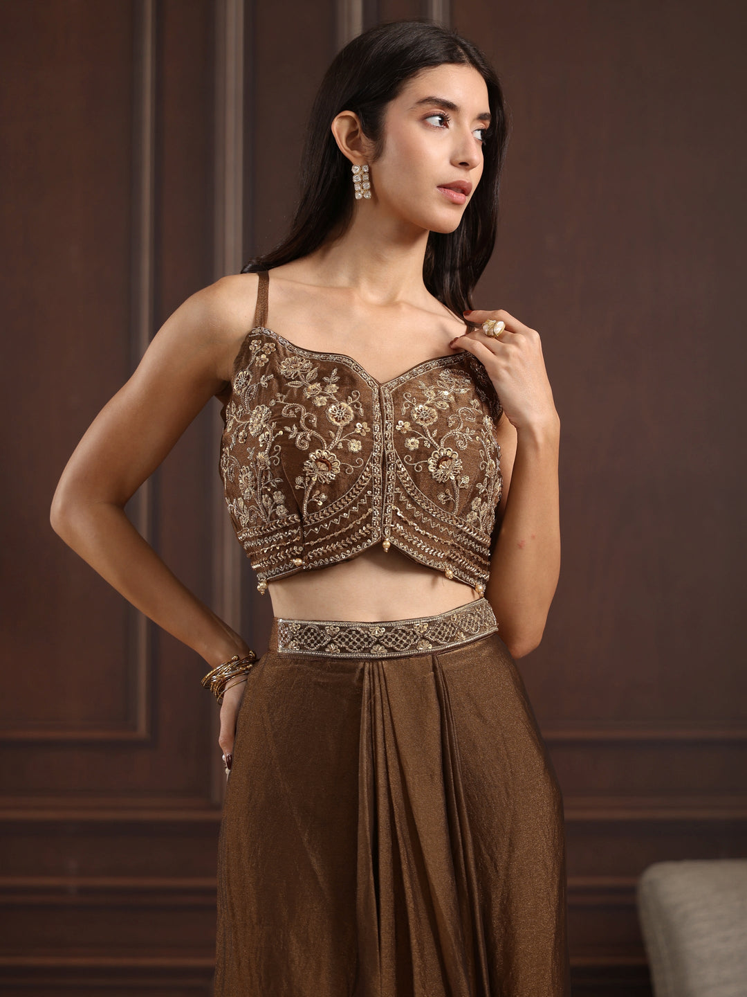 Libas Art Olive Green Embellished Cape and Draped Skirt Tissue Co-Ord Set