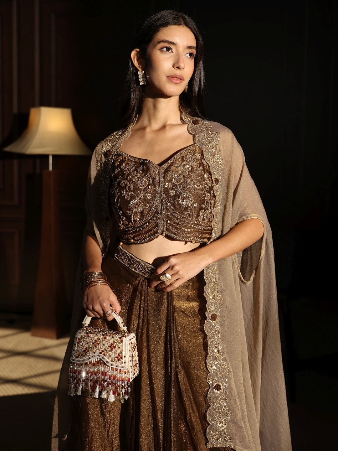 Libas Art Olive Green Embellished Cape and Draped Skirt Tissue Co-Ord Set