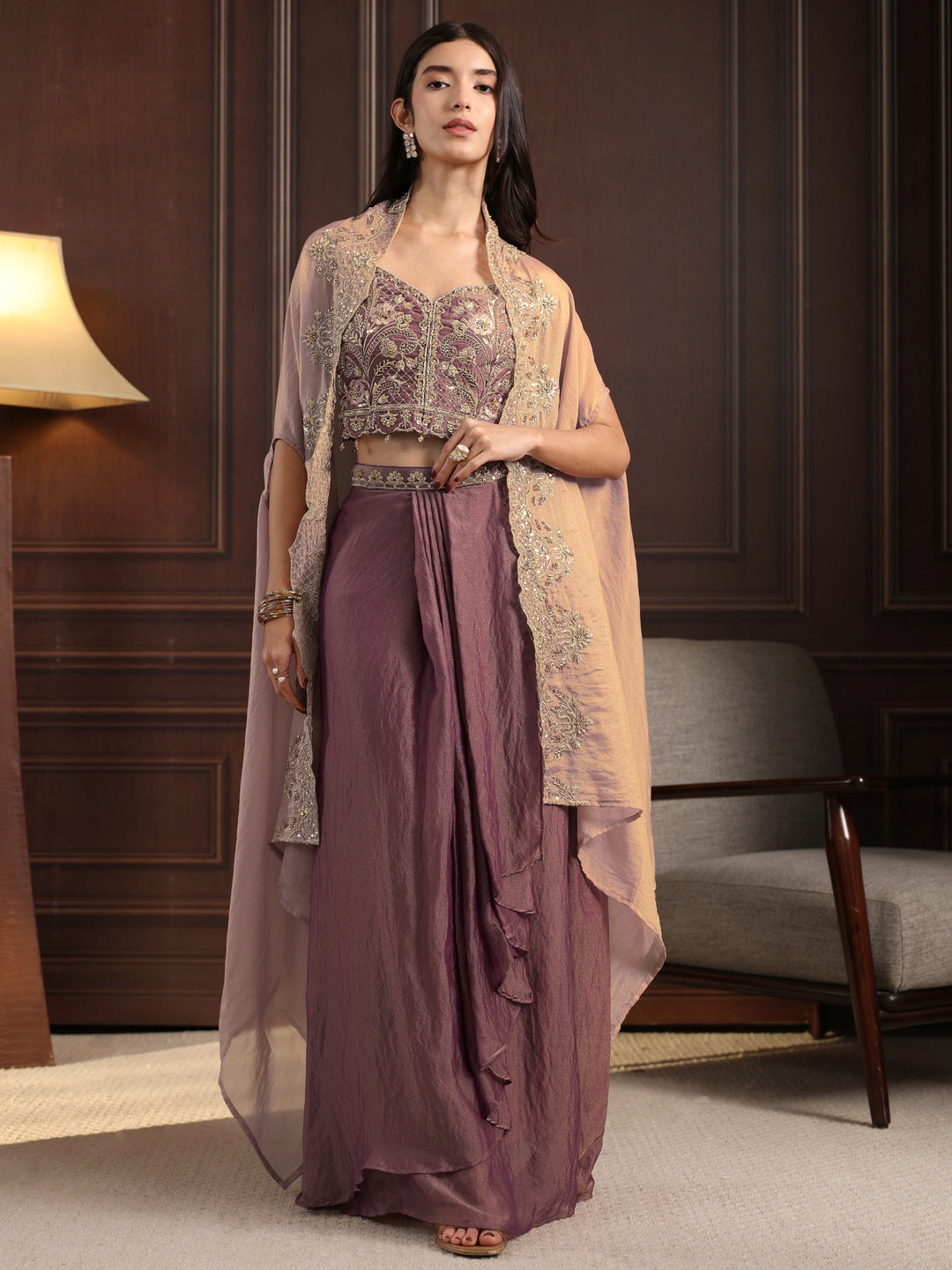 Libas Art Dusty Pink Embellished Cape and Draped Skirt Tissue Co-Ord Set
