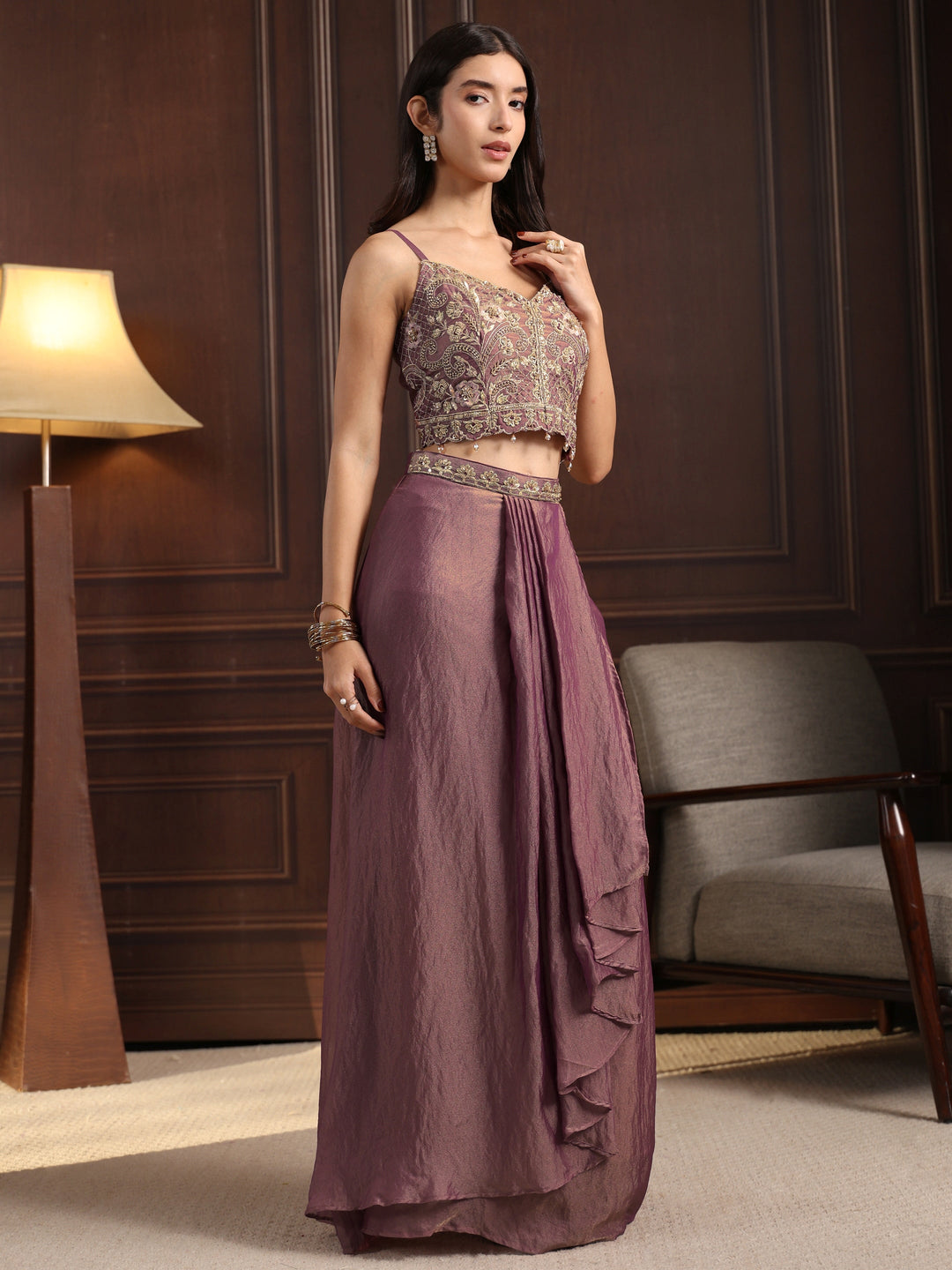 Libas Art Dusty Pink Embellished Cape and Draped Skirt Tissue Co-Ord Set