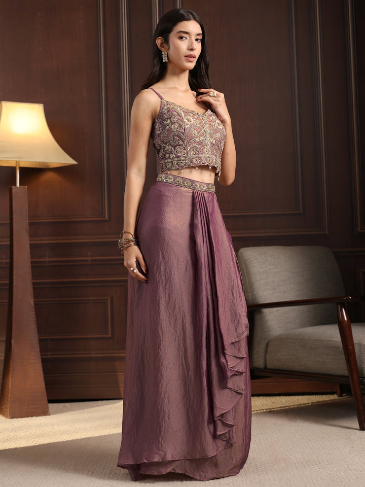 Libas Art Dusty Pink Embellished Cape and Draped Skirt Tissue Co-Ord Set