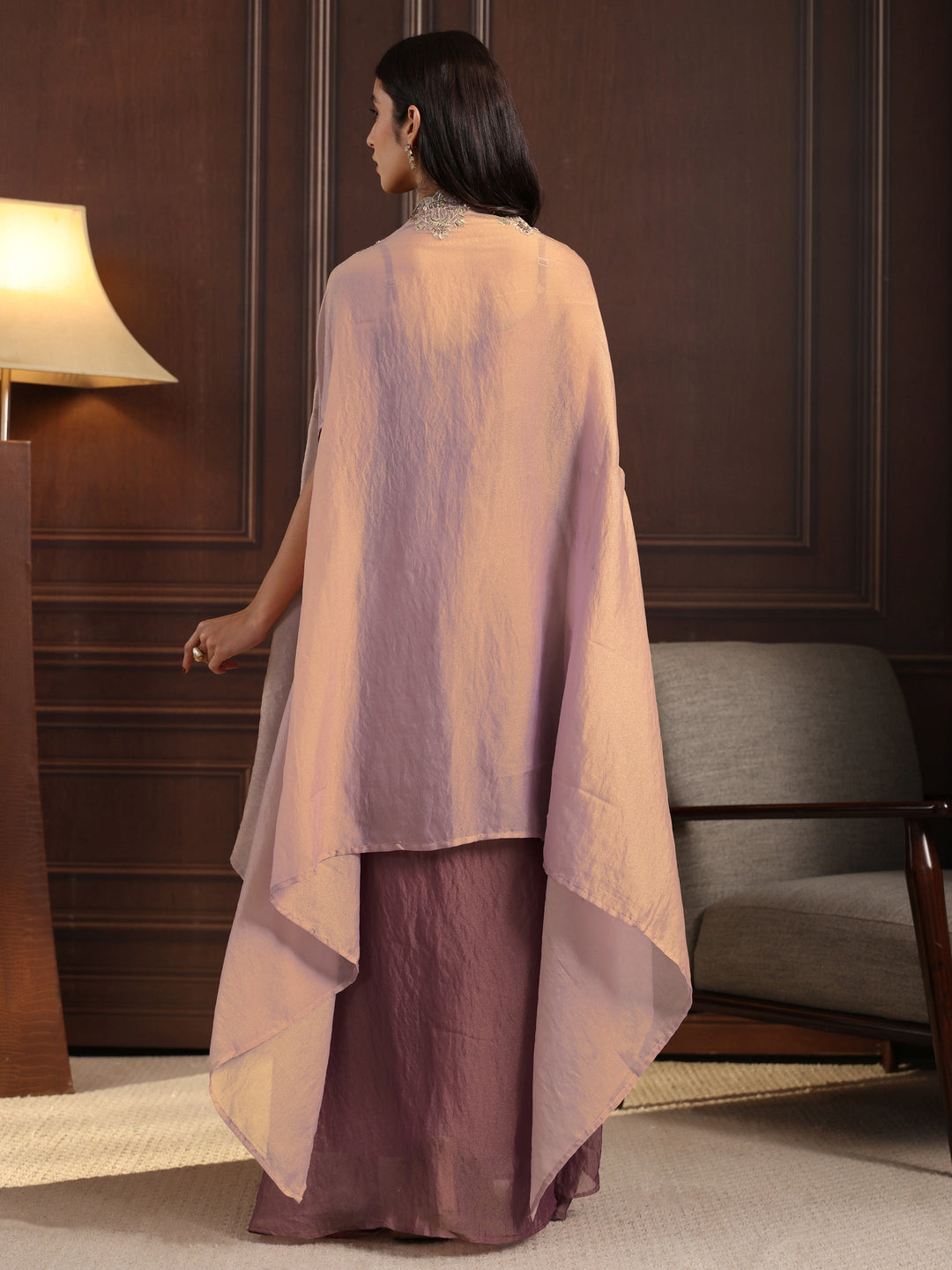 Libas Art Dusty Pink Embellished Cape and Draped Skirt Tissue Co-Ord Set