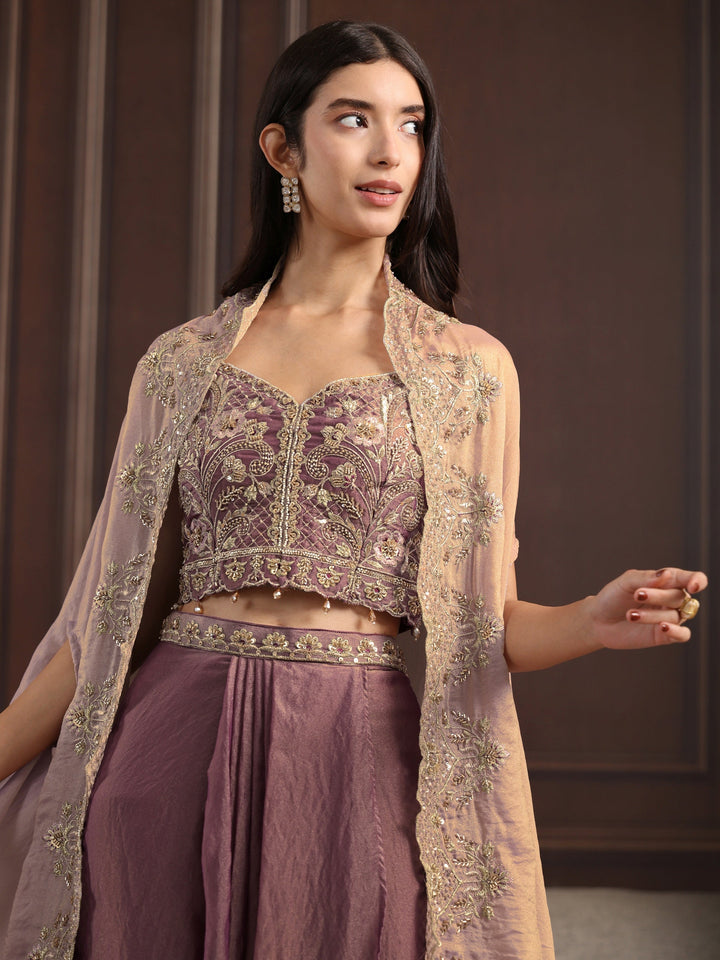 Libas Art Dusty Pink Embellished Cape and Draped Skirt Tissue Co-Ord Set