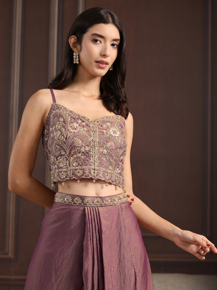 Libas Art Dusty Pink Embellished Cape and Draped Skirt Tissue Co-Ord Set