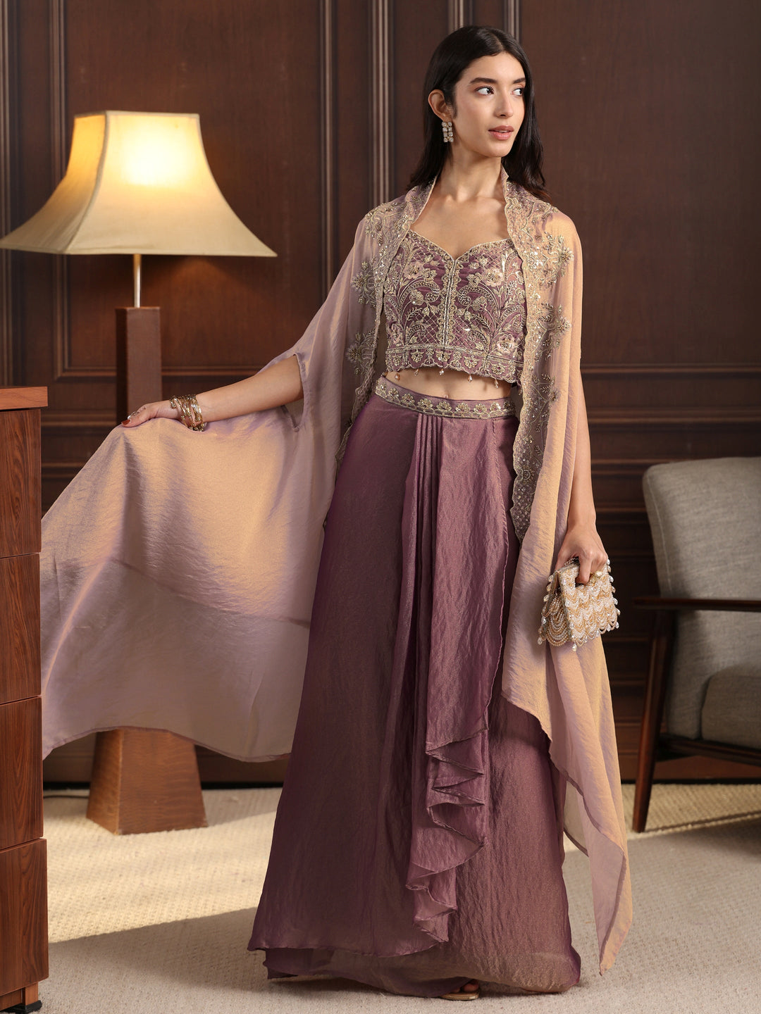Libas Art Dusty Pink Embellished Cape and Draped Skirt Tissue Co-Ord Set