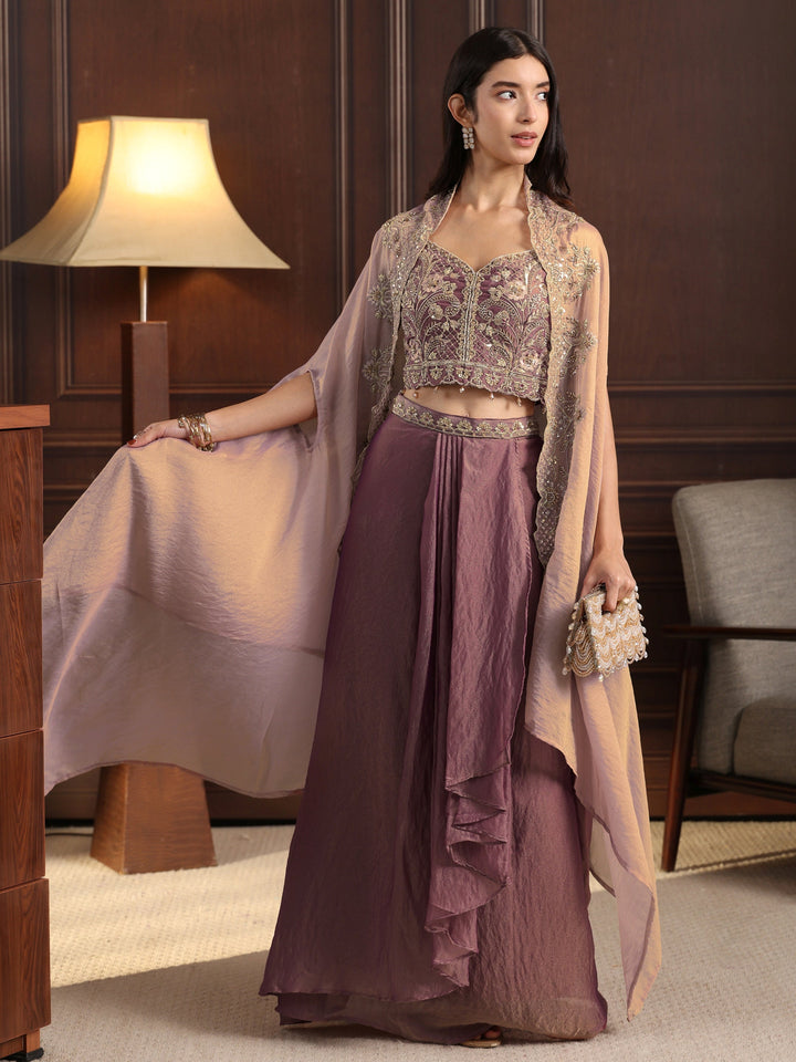 Libas Art Dusty Pink Embellished Cape and Draped Skirt Tissue Co-Ord Set