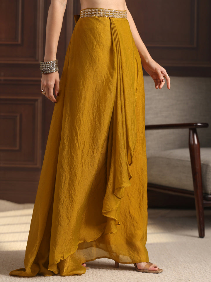 Libas Art Mustard Embellished Cape and Draped Skirt Tissue Co-Ord Set