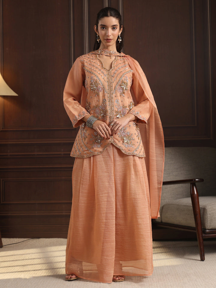 Libas Art Peach Embellished Top and Palazzo Tissue Co-Ord Set