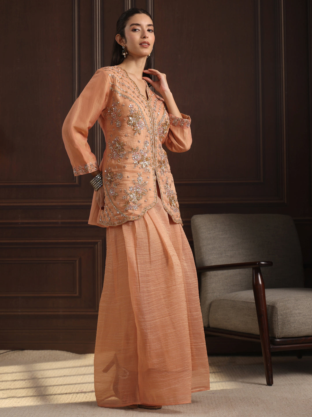 Libas Art Peach Embellished Top and Palazzo Tissue Co-Ord Set