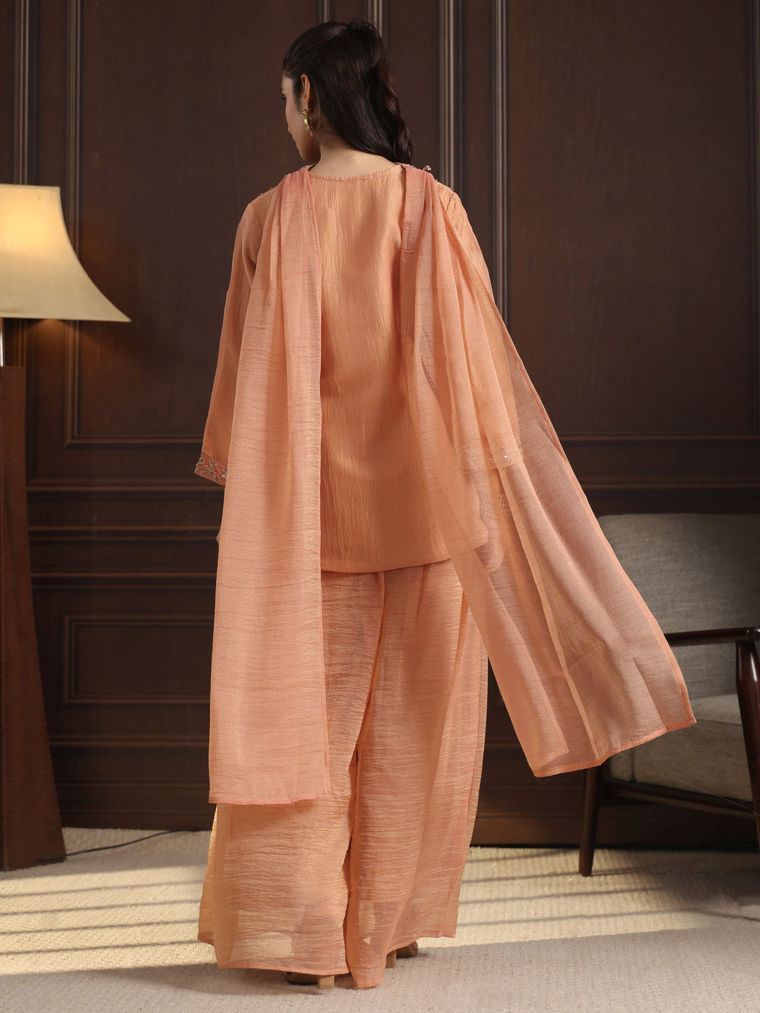 Libas Art Peach Embellished Top and Palazzo Tissue Co-Ord Set