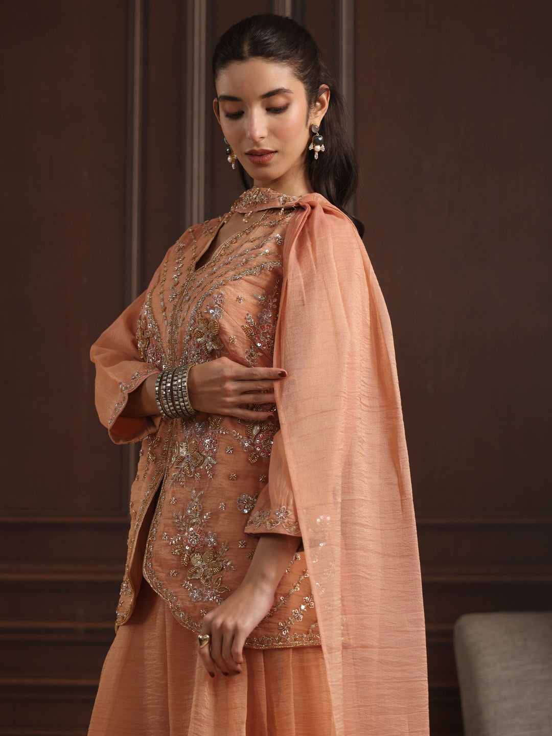 Libas Art Peach Embellished Top and Palazzo Tissue Co-Ord Set