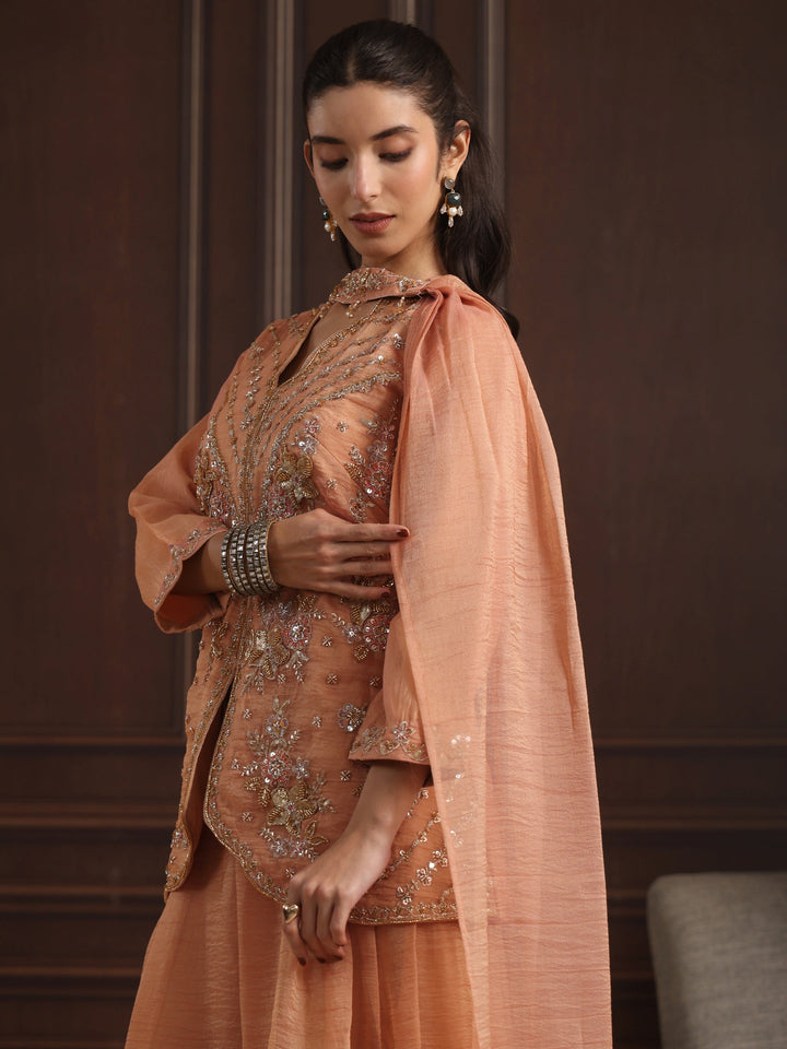 Libas Art Peach Embellished Top and Palazzo Tissue Co-Ord Set