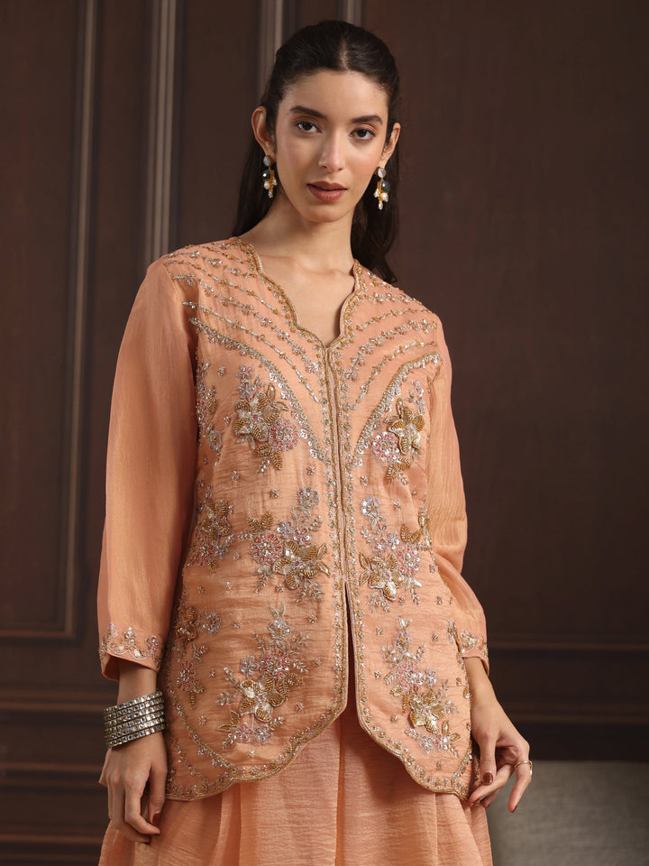 Libas Art Peach Embellished Top and Palazzo Tissue Co-Ord Set