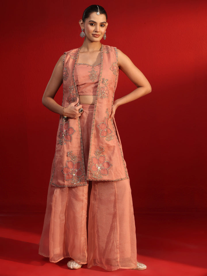 Libas Art Pink Embellished Tissue Co-Ord Set with Jacket