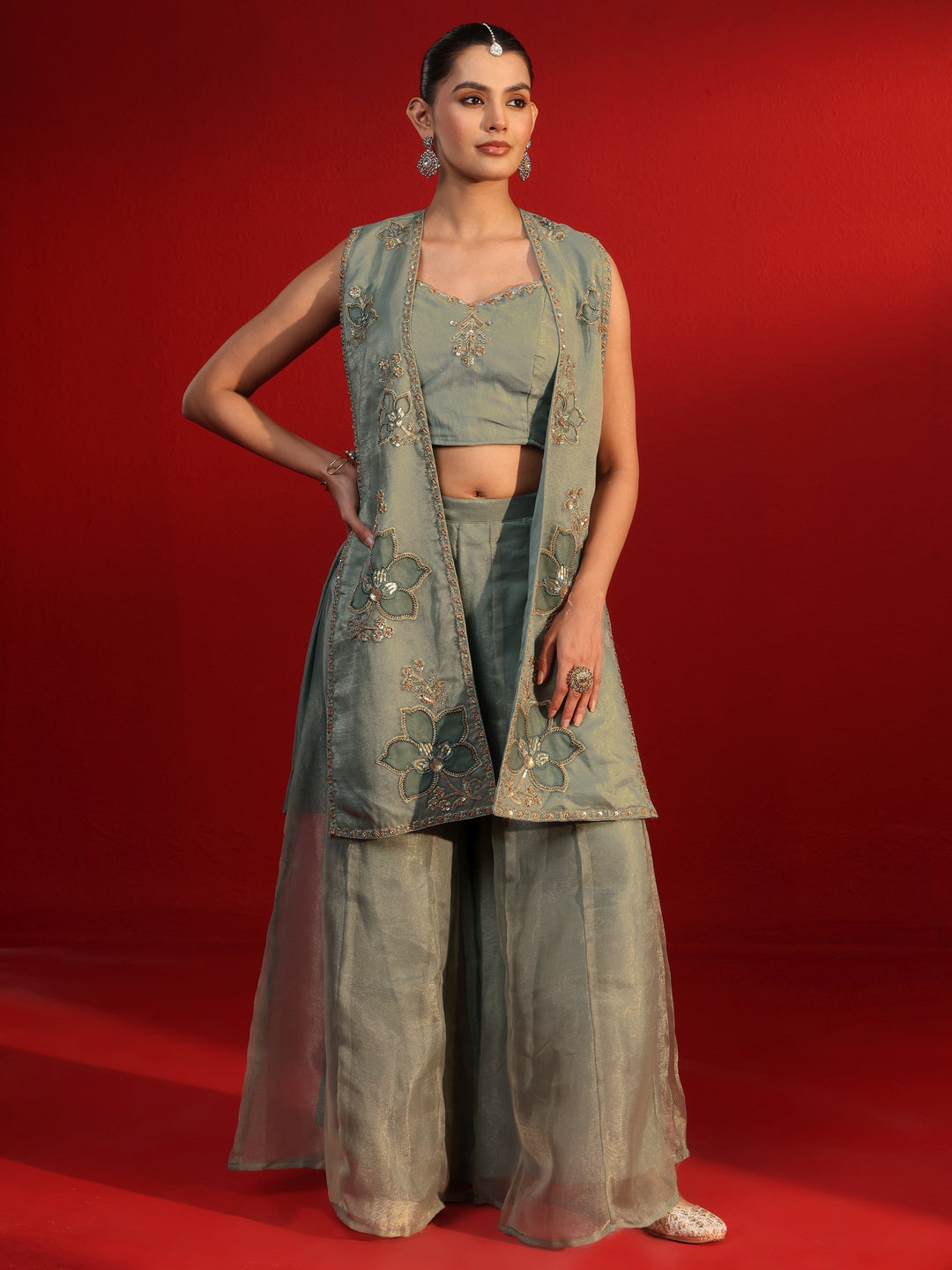 Libas Art Dusty Green Embellished Tissue Co-Ord Set with Jacket