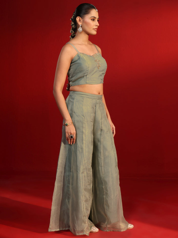 Libas Art Dusty Green Embellished Tissue Co-Ord Set with Jacket