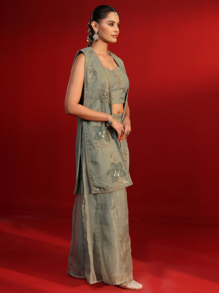 Libas Art Dusty Green Embellished Tissue Co-Ord Set with Jacket