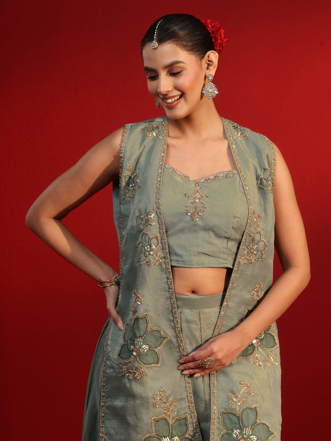 Libas Art Dusty Green Embellished Tissue Co-Ord Set with Jacket