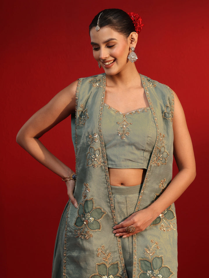 Libas Art Dusty Green Embellished Tissue Co-Ord Set with Jacket