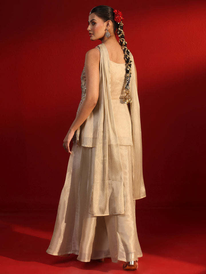 Libas Art Cream Embellished Strappy Tissue Palazzo Suit Set