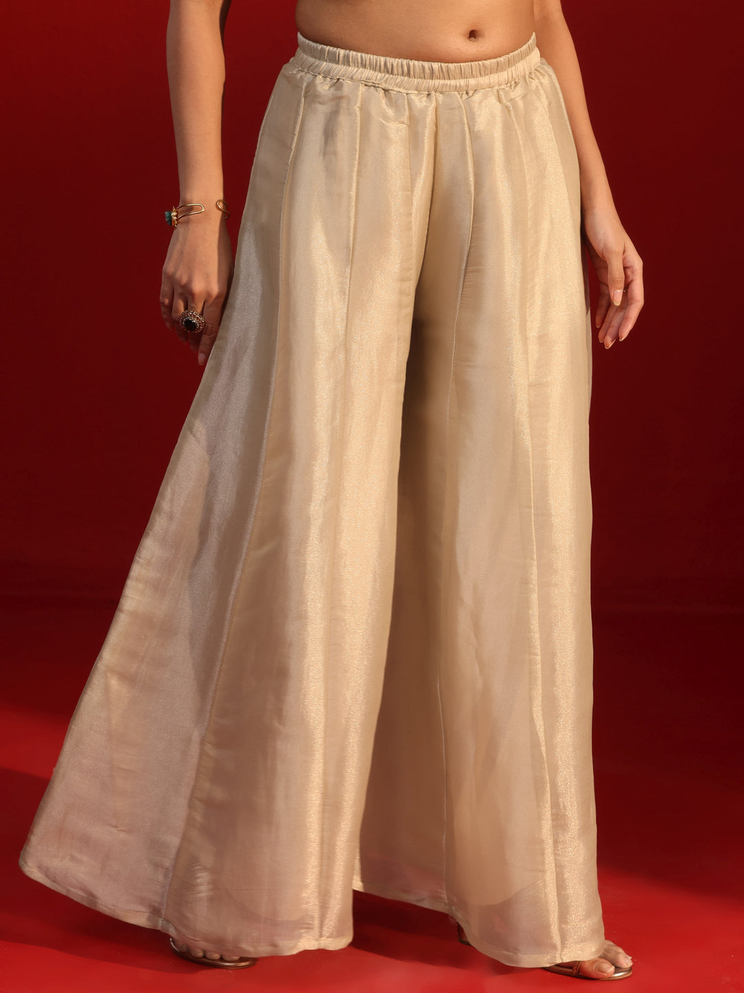 Libas Art Cream Embellished Strappy Tissue Palazzo Suit Set