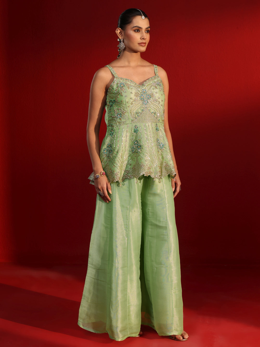 Libas Art Green Embellished Strappy Tissue Palazzo Suit Set